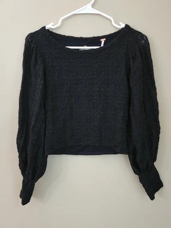 Free People Black Lace Puff Sleeve Long Sleeve Top Women Size M - Picture 2 of 11